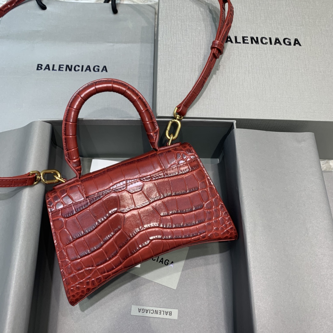 Balenciaga Hourglass XS Handbag Crocodile Embossed Shoulder Bag Burgundy